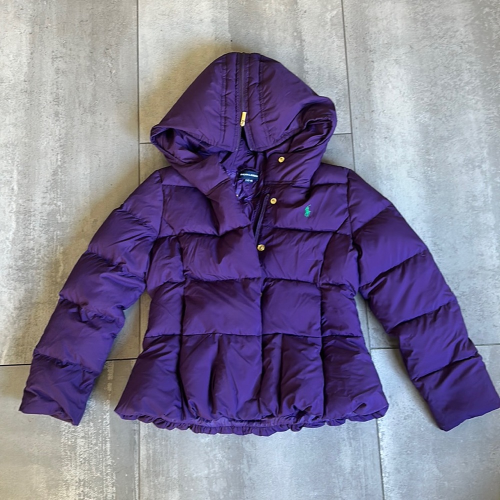 Ralph Lauren girls down jacket. Purple with green horse. Size 12/14